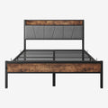 Full Size Bed Frame, Storage Headboard With Charging Station, Solid And Stable, Noise Free, No Box Spring Needed, Easy Assembly,Vintage Brown And Gray Box Spring Not Required Full Black Iron Brown Bedroom Bed Frame Metal & Wood