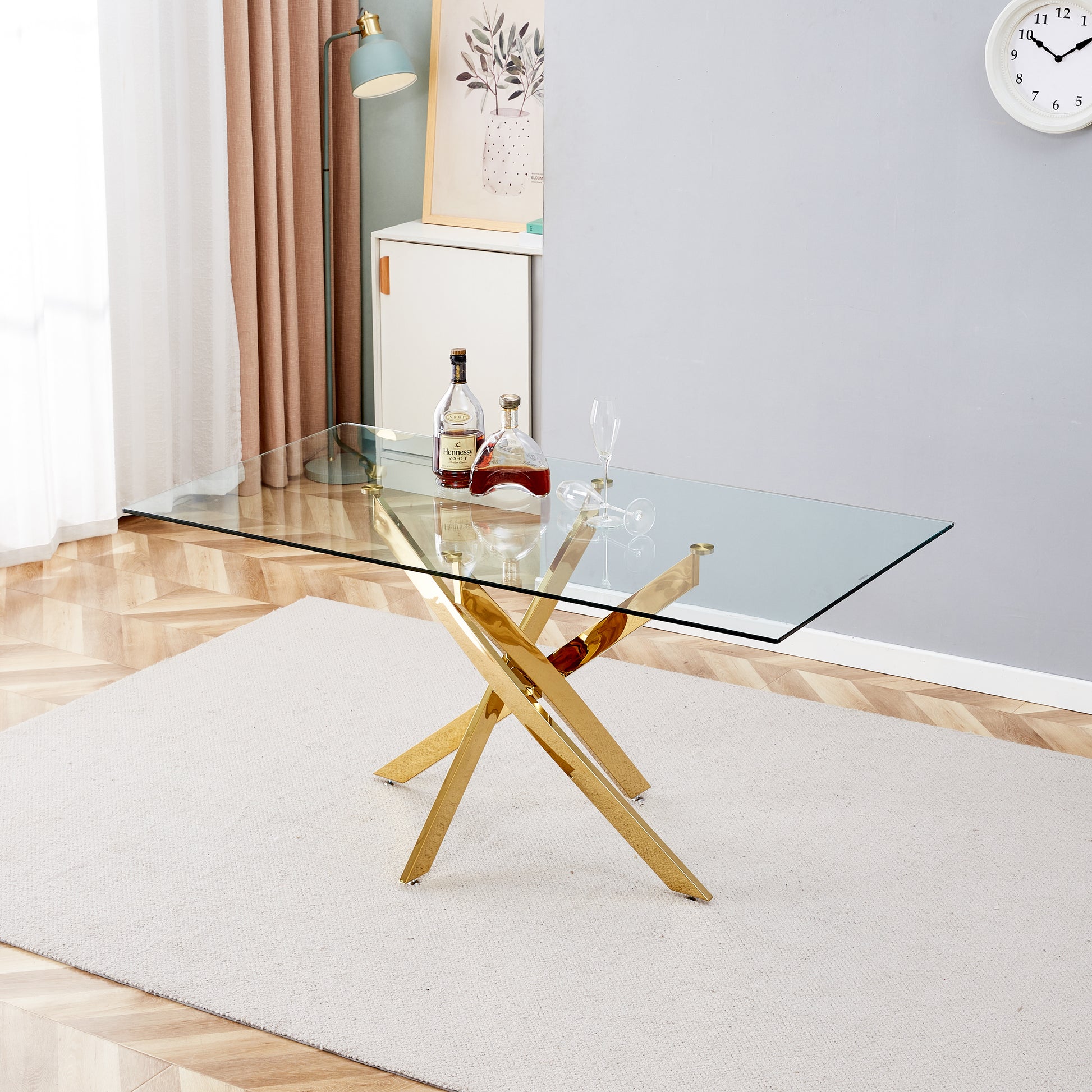 Tempered Clear Glass Golden Leg Dinning Table 63" Gold Glass