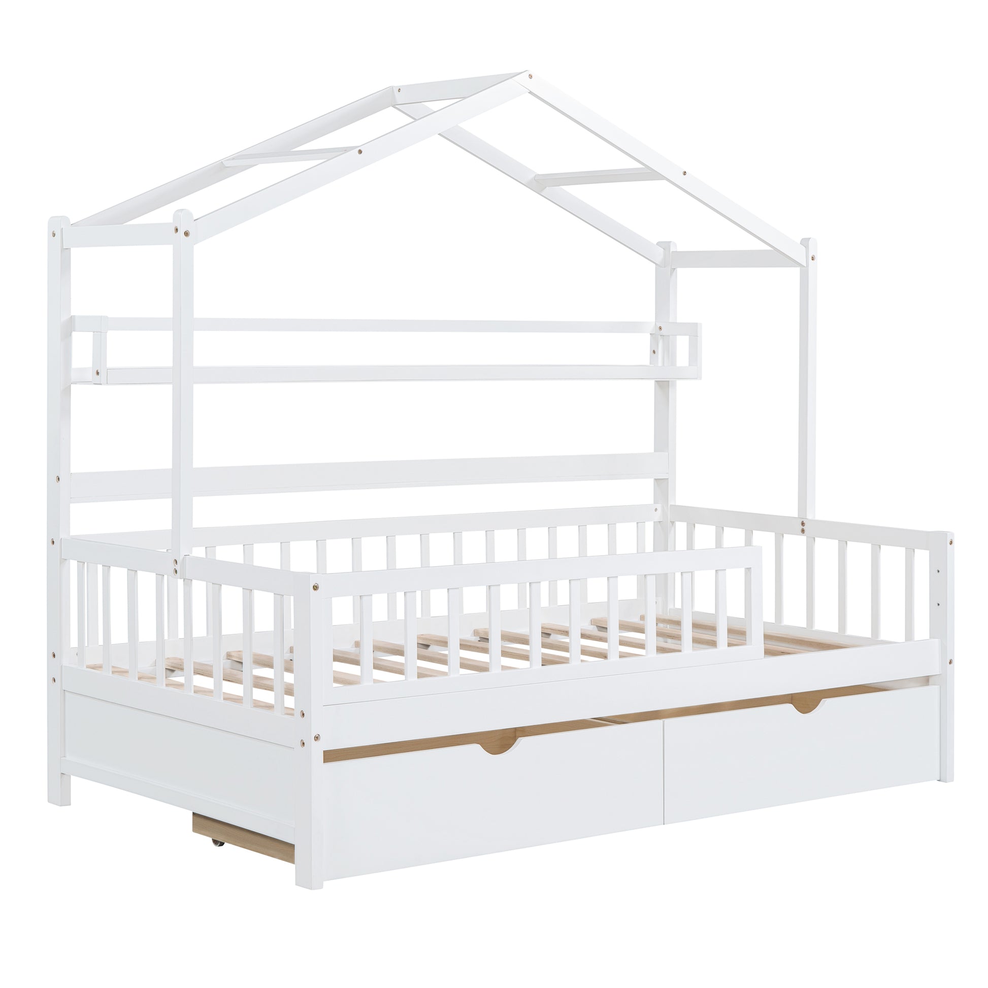 Wooden Twin Size House Bed With 2 Drawers,Kids Bed With Storage Shelf, White White Wood