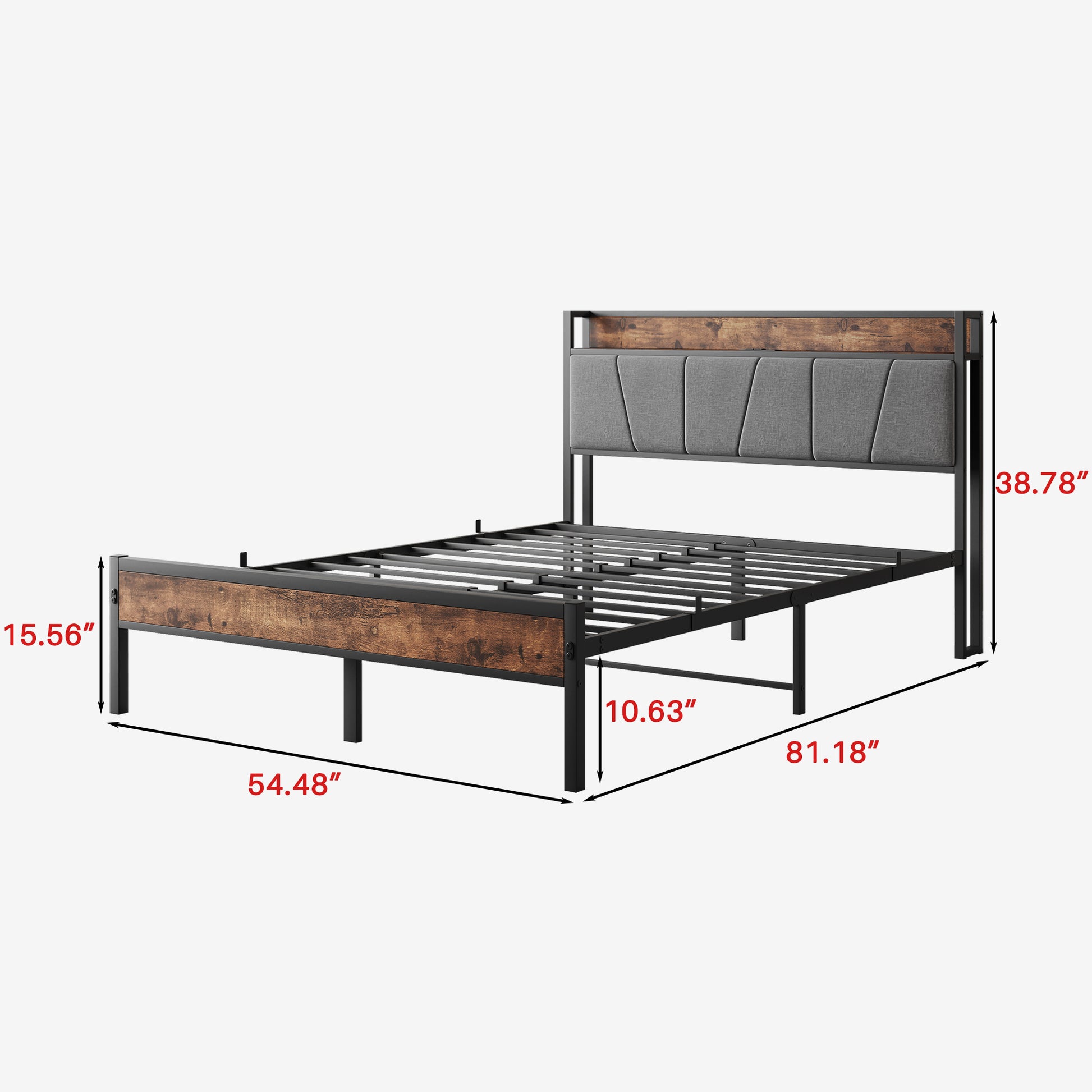 Full Size Bed Frame, Storage Headboard With Charging Station, Solid And Stable, Noise Free, No Box Spring Needed, Easy Assembly,Vintage Brown And Gray Box Spring Not Required Full Black Iron Brown Bedroom Bed Frame Metal & Wood