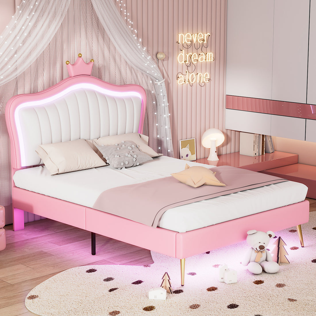 Full Size Upholstered Bed Frame With Led Lights,Modern Upholstered Princess Bed With Crown Headboard,White Pink Full White Pink Pu