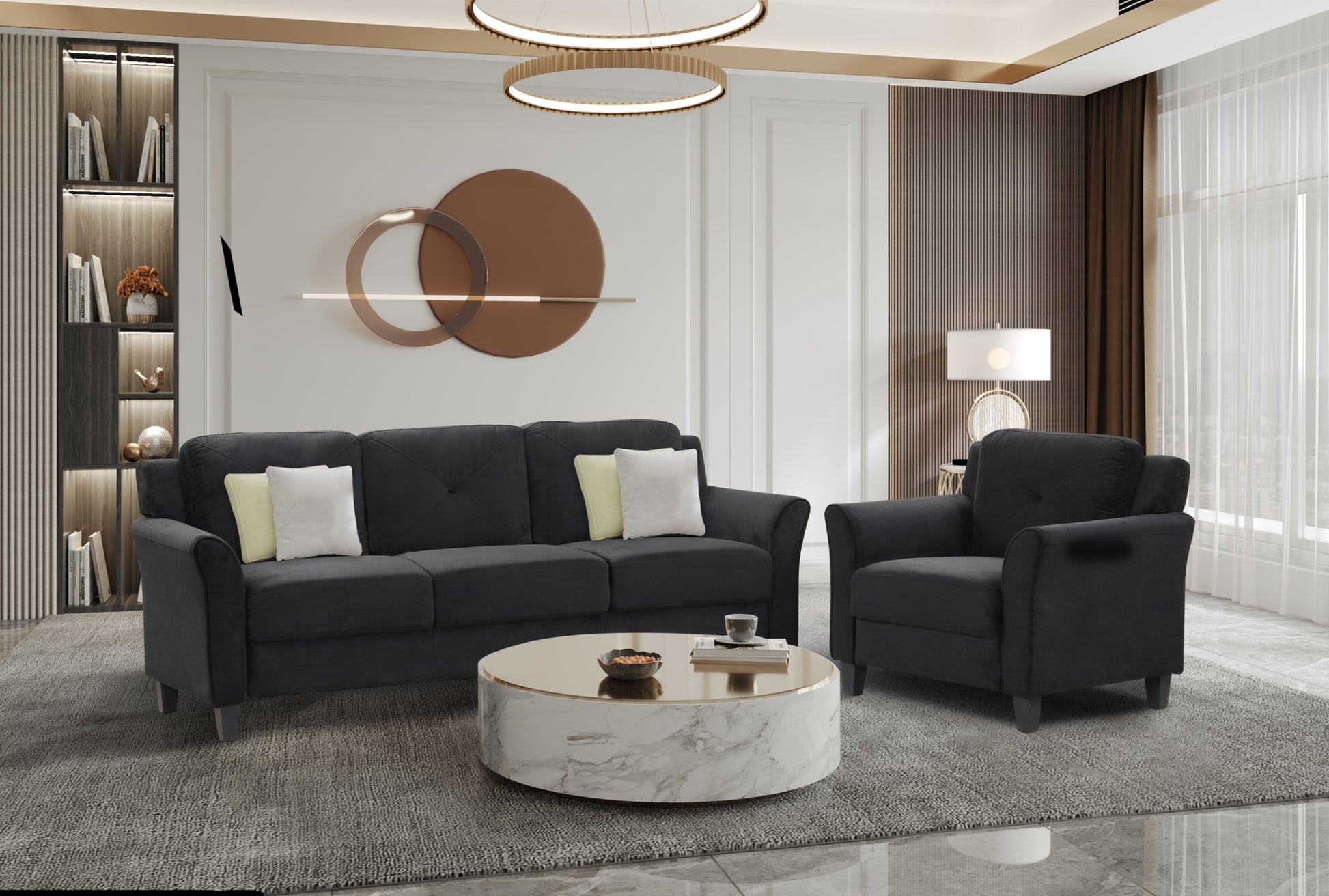 Fashionable Living Room Sofa For 3 People, Black Fabric Antique Black Brown Polyester Wood Primary Living Space Soft American Traditional Rubberwood Memory Foam And Polyurethane Foam Polyester 3 Seat