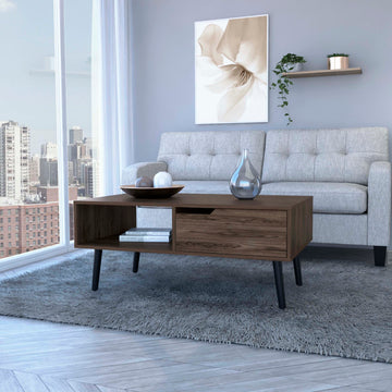 Coffee Table Bull, One Drawer, One Open Shelf, Four Legs, Dark Walnut Finish Walnut Particle Board