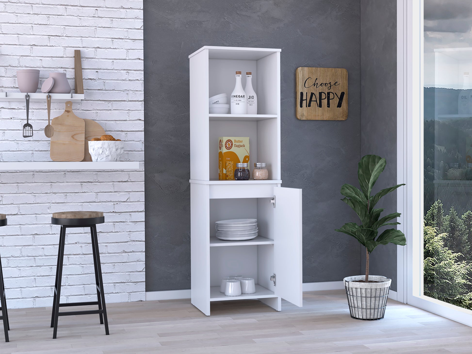 Kitchen Pantry Feery, Single Door Cabinet, Interior And External Shelves, White Finish White Particle Board