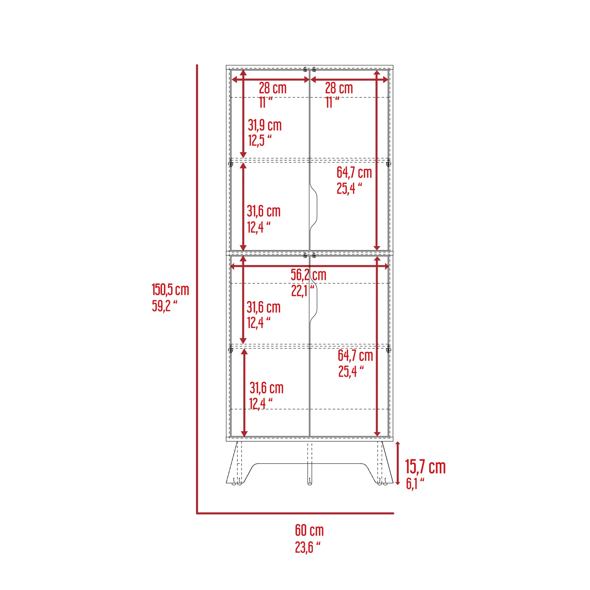 Double Kitchen Pantry Wallas, Double Door, Four Legs, Four Shelves, Light Oak White Finish Light Oak Particle Board