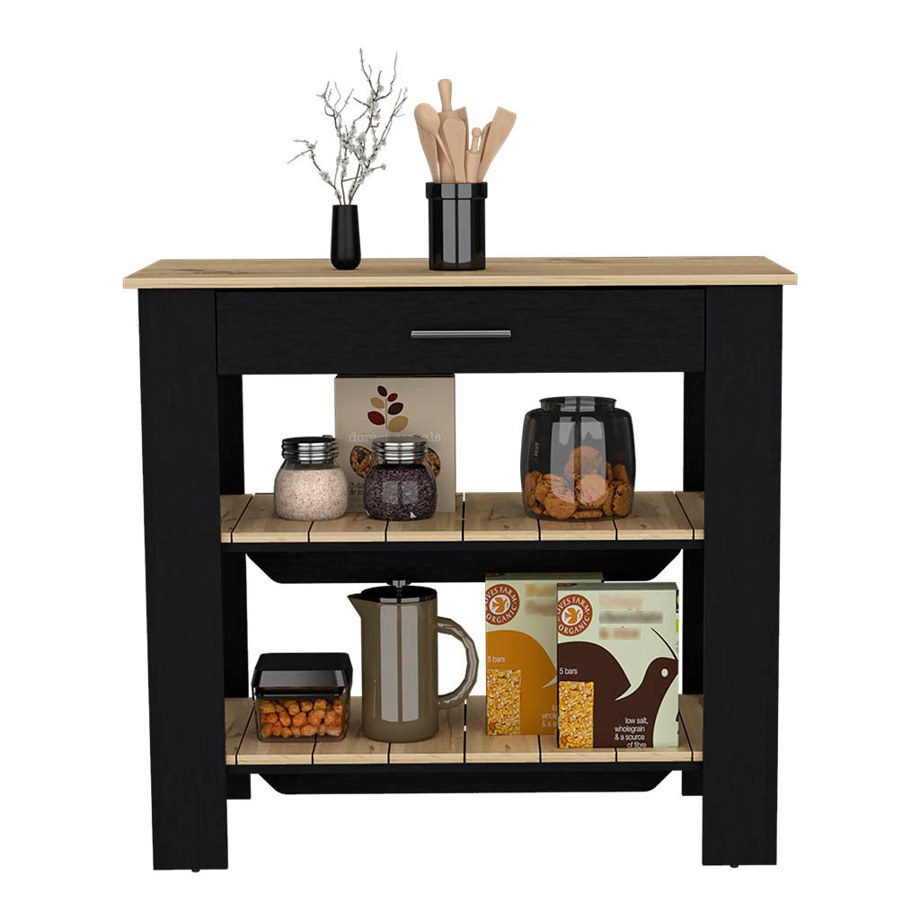 Kitchen Island 40 Inches Dozza, Two Shelves, Black Wengue Light Oak Finish Light Oak Particle Board