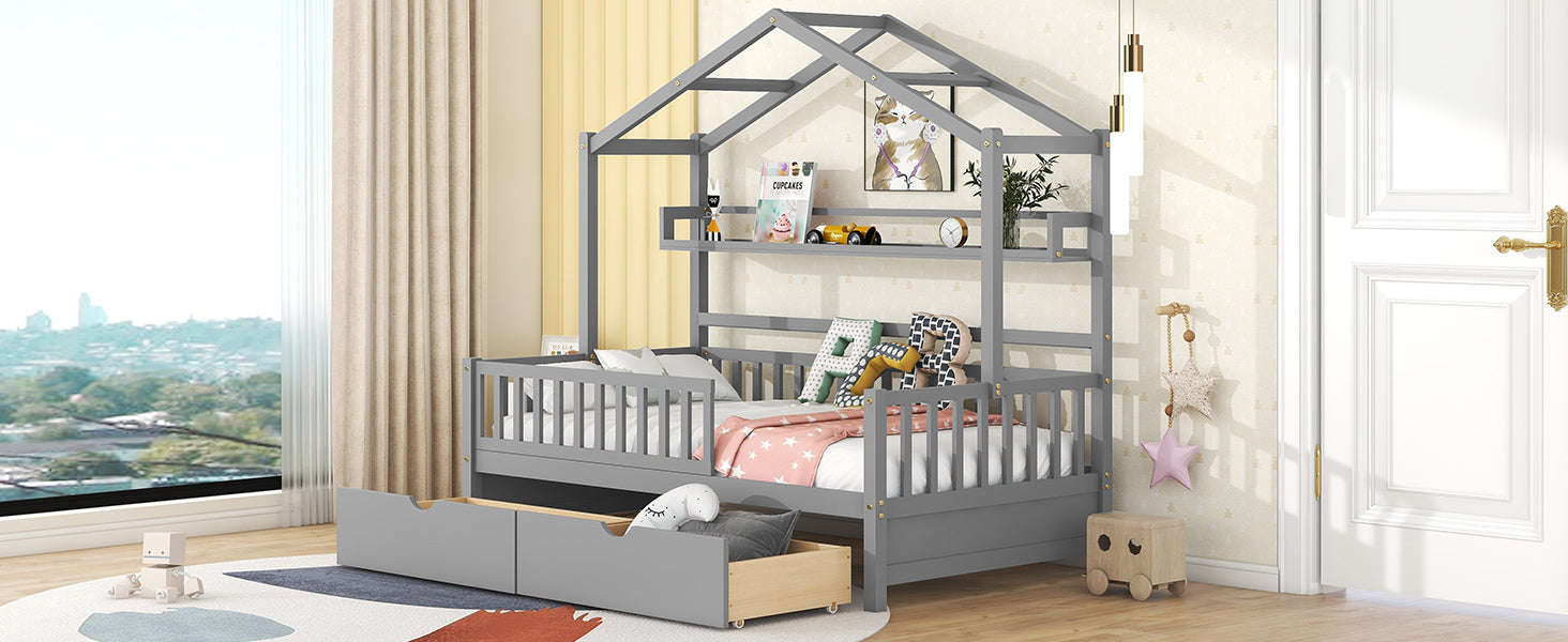 Wooden Twin Size House Bed With 2 Drawers,Kids Bed With Storage Shelf, Gray Gray Wood