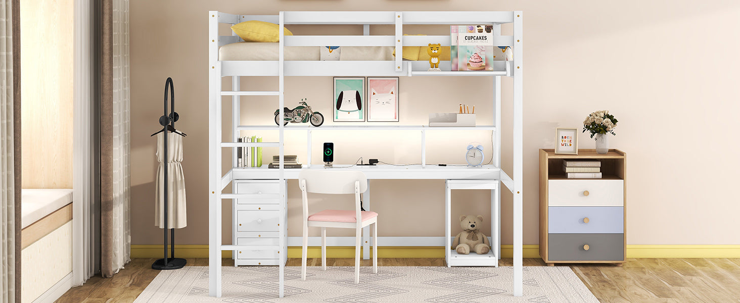 Full Size Loft Bed With Multi Storage Desk, Led Light And Bedside Tray, Charging Station, White Box Spring Not Required Twin White Wood Bedroom Solid Wood Mdf