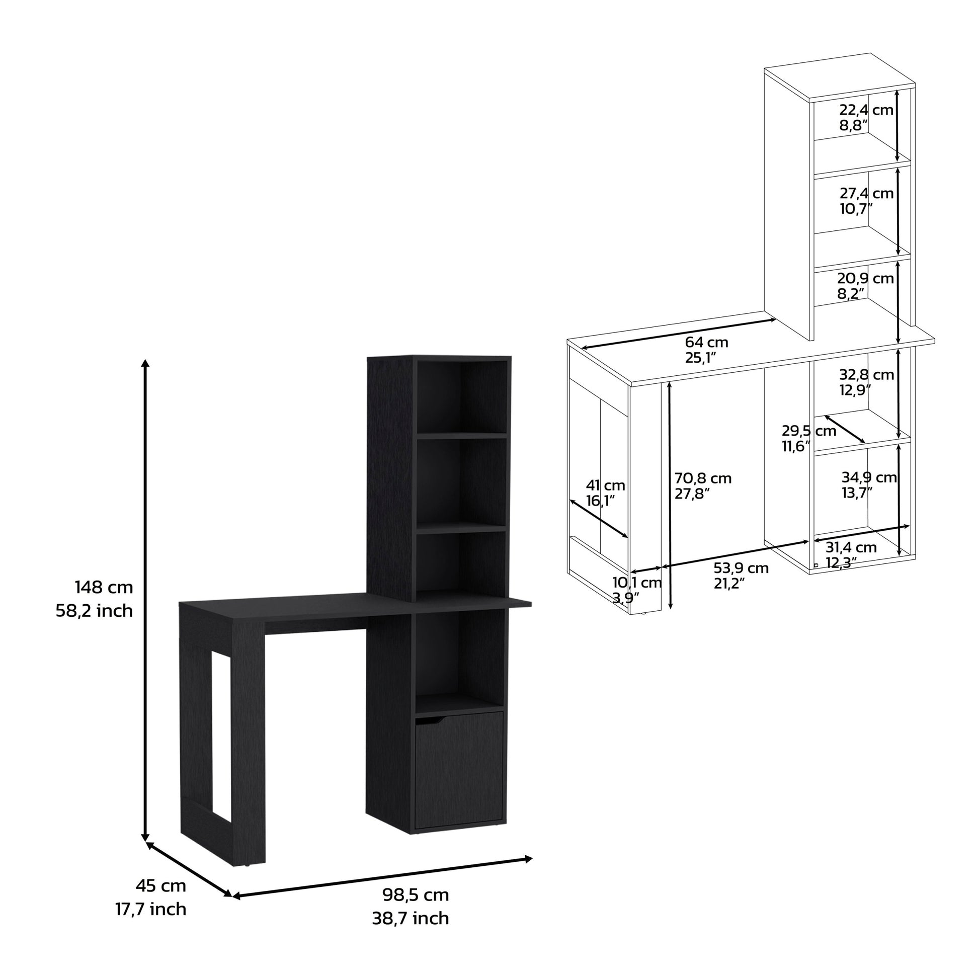 Office Desk Aragon With Four Tier Bookcase And Lower Cabinet, Black Wengue Finish Black Particle Board