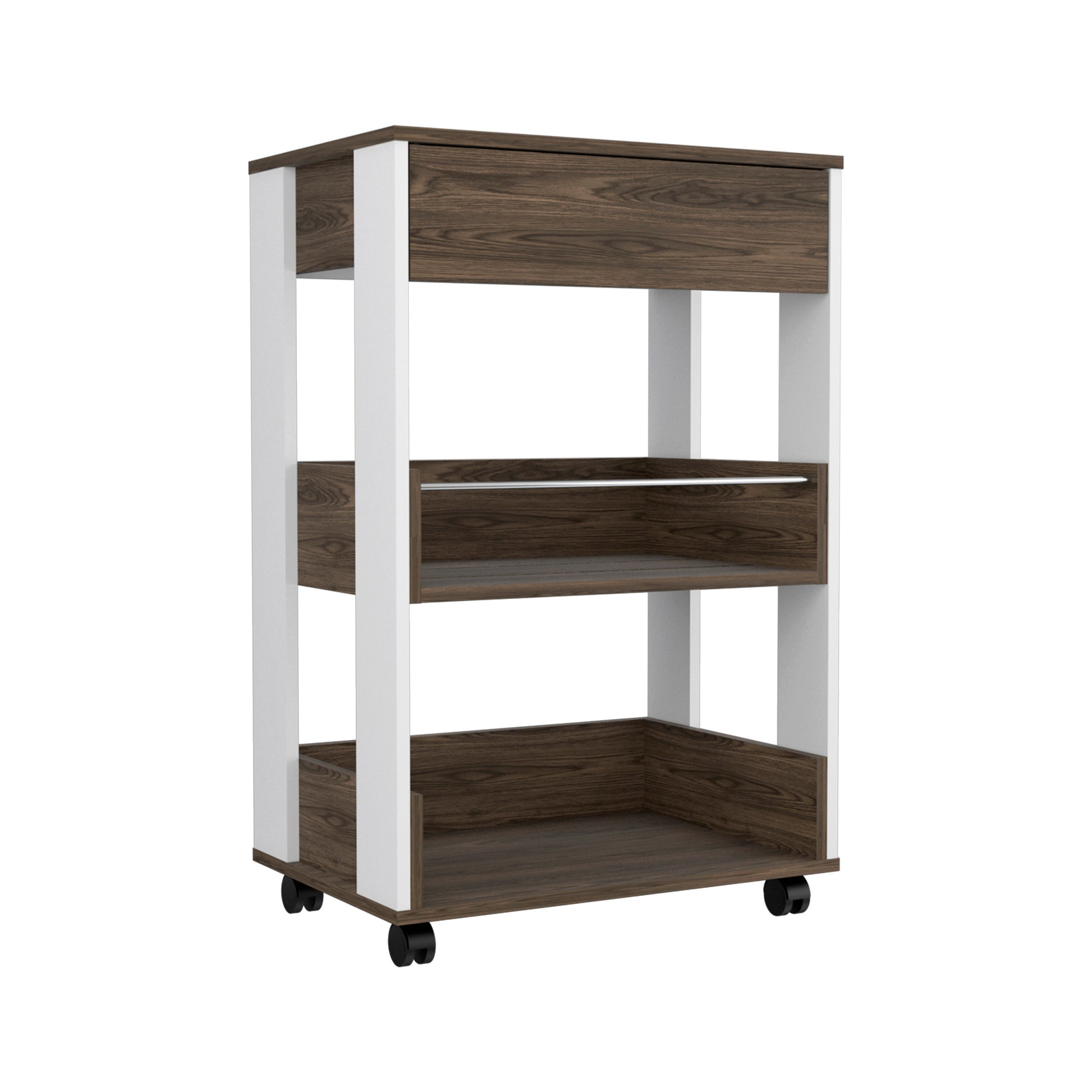 Kitchen Cart Coron With Drawer, Three Tier Shelves And Casters, White Dark Walnut Finish White Walnut Particle Board