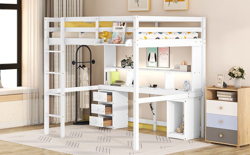 Full Size Loft Bed With Multi Storage Desk, Led Light And Bedside Tray, Charging Station, White Box Spring Not Required Twin White Wood Bedroom Solid Wood Mdf