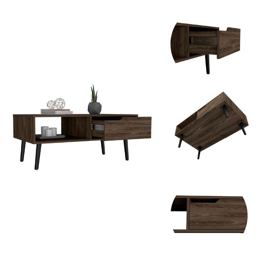 Coffee Table Bull, One Drawer, One Open Shelf, Four Legs, Dark Walnut Finish Walnut Particle Board