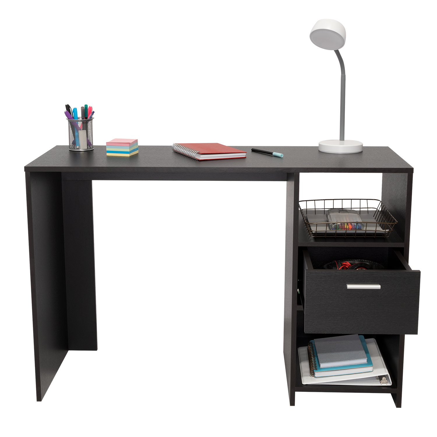 Computer Desk Odessa With Single Drawer And Open Storage Cabinets, Black Wengue Finish Black Particle Board