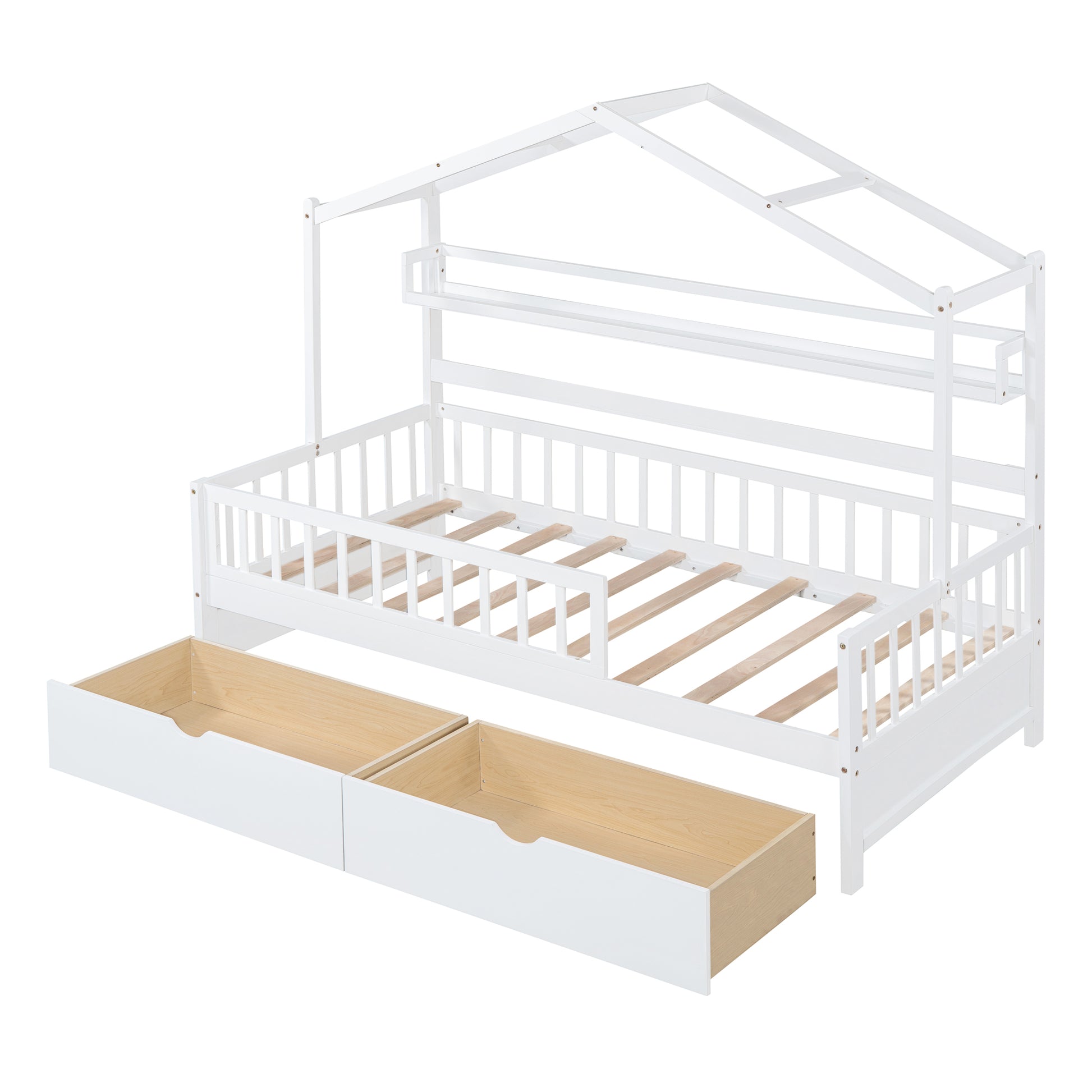 Wooden Twin Size House Bed With 2 Drawers,Kids Bed With Storage Shelf, White White Wood