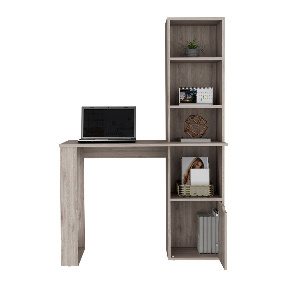 Computer Desk With Single Door Cabinet And 4 Tier Shelf Bicknell, Light Gray Finish Light Gray Particle Board