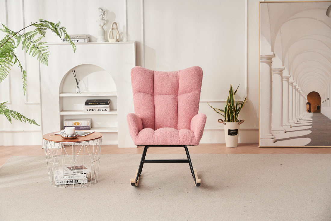 Rocking Chair Nursery, Solid Wood Legs Reading Chair Withteddy Fabric Upholstered, Nap Armchair For Living Rooms, Bedrooms, Offices, Best Gift,Pink Teddy Fabric Pink Primary Living Space Modern Rocking Chairs Polyester