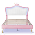 Full Size Upholstered Bed Frame With Led Lights,Modern Upholstered Princess Bed With Crown Headboard,White Pink Full White Pink Pu