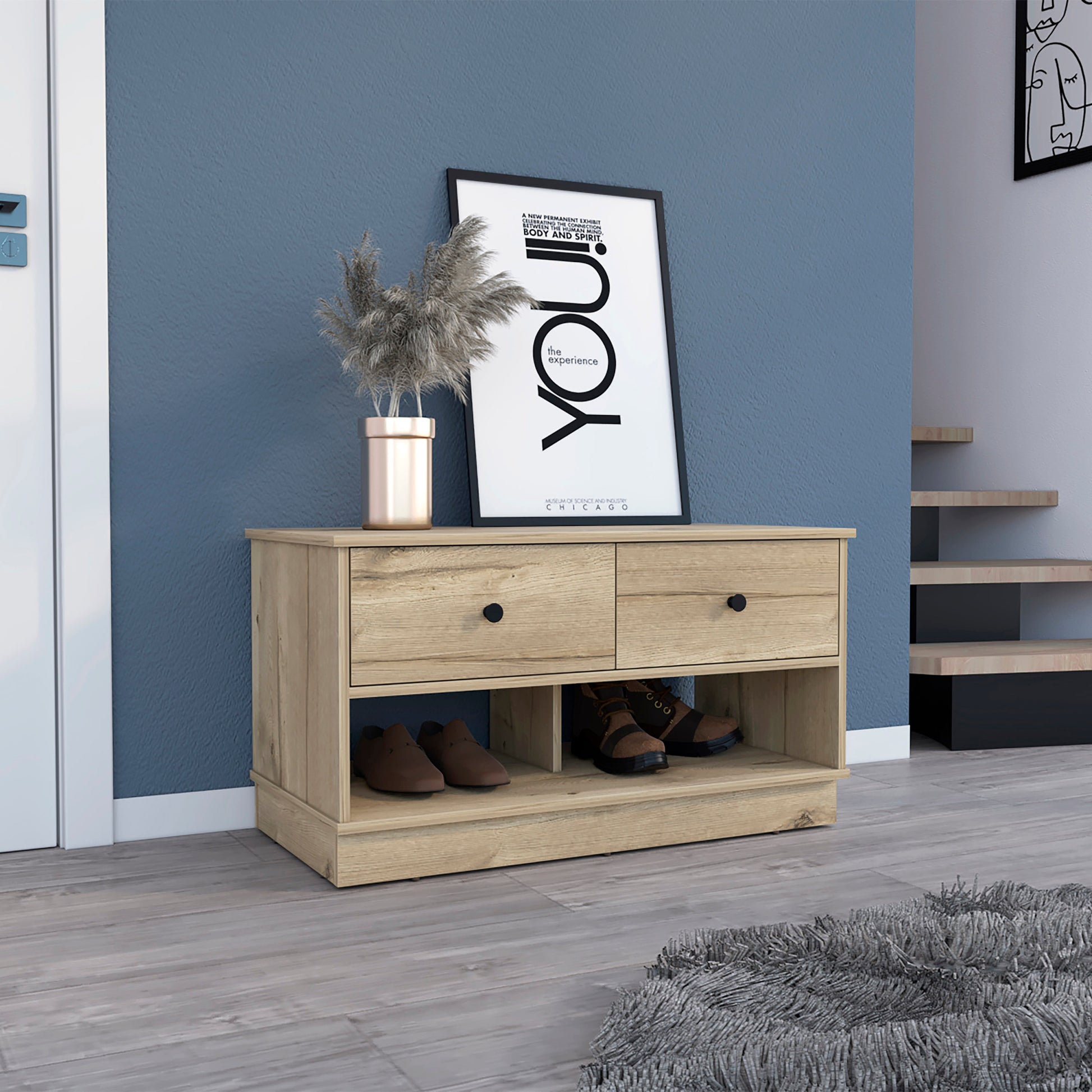 Storage Bench Beji, Lower Shelf, Two Drawers, Light Oak Finish Light Oak Particle Board