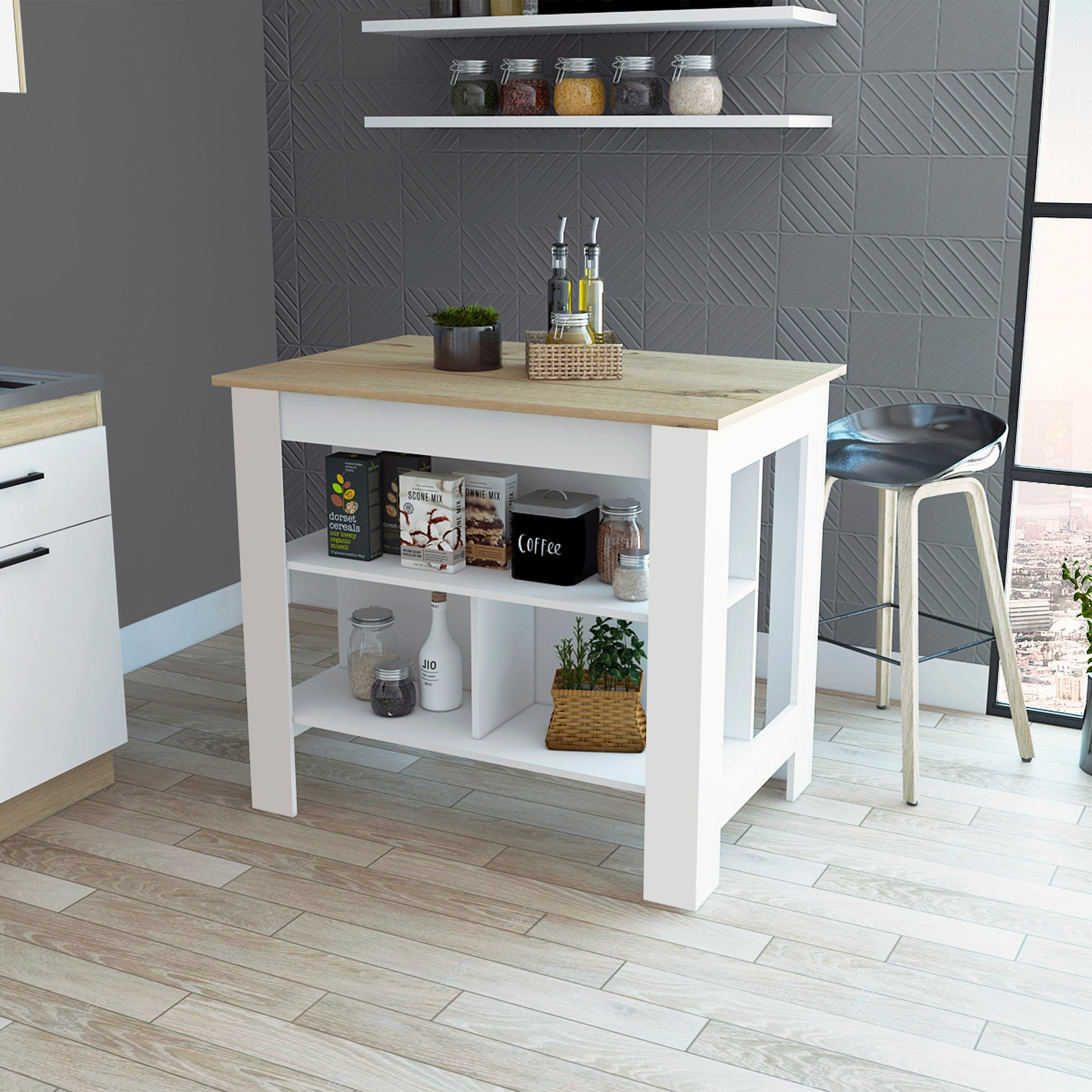 Kitchen Island Dozza, Three Shelves, White Light Oak Finish White Light Oak Particle Board