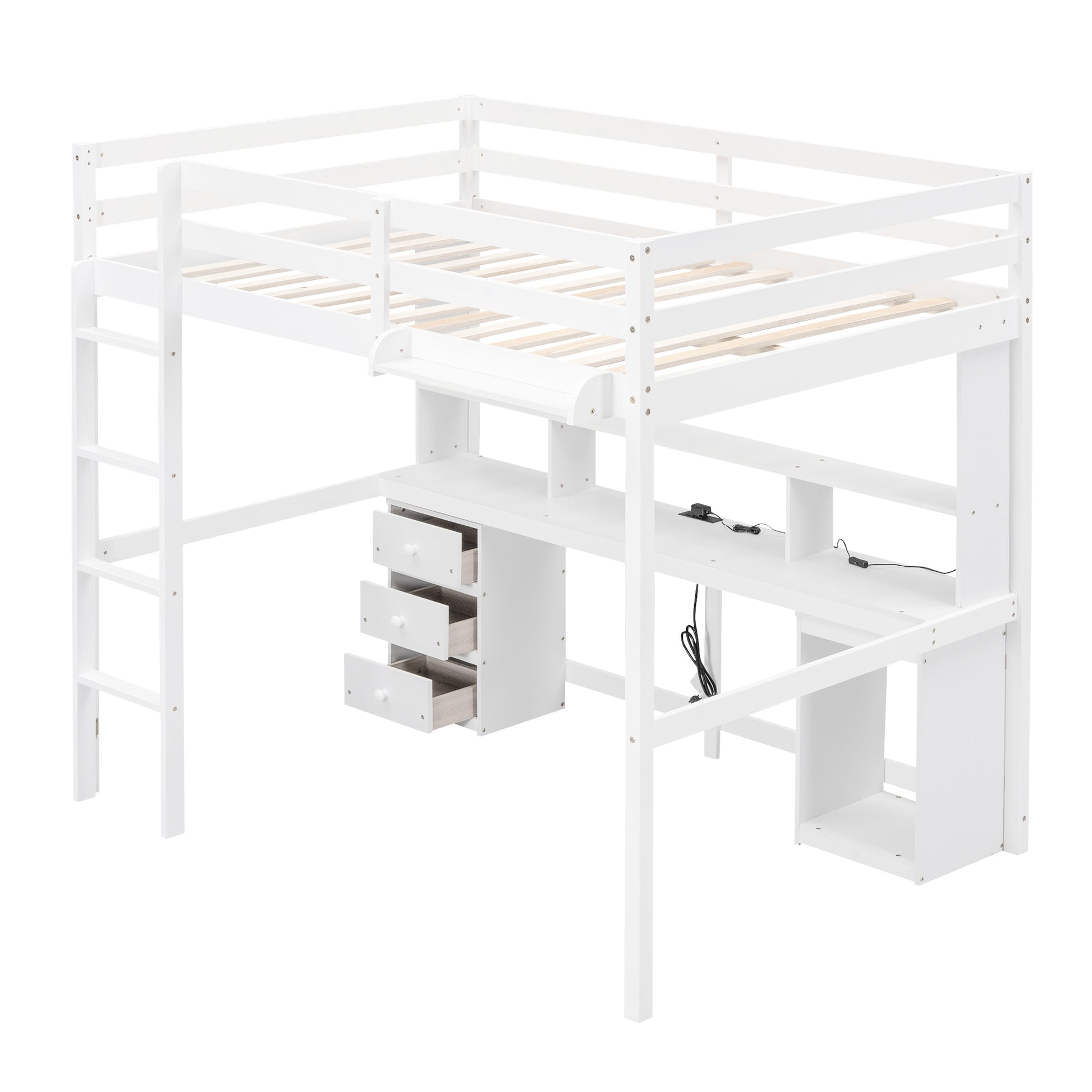 Full Size Loft Bed With Multi Storage Desk, Led Light And Bedside Tray, Charging Station, White Box Spring Not Required Twin White Wood Bedroom Solid Wood Mdf