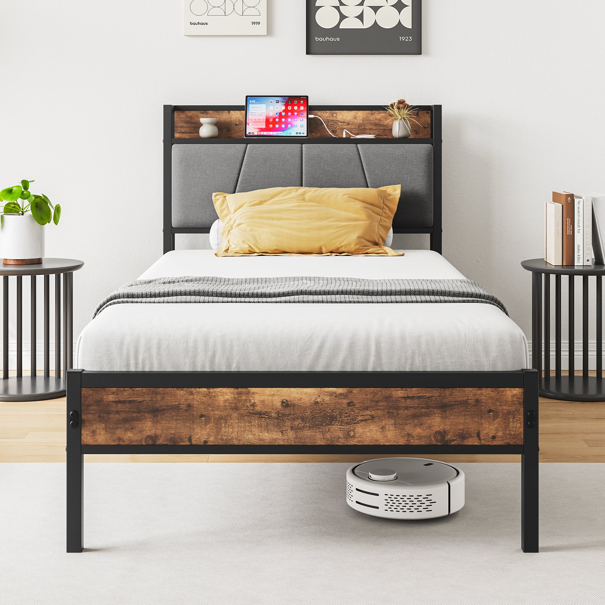 Twin Size Bed Frame, Storage Headboard With Charging Station, Solid And Stable, Noise Free, No Box Spring Needed, Easy Assembly Box Spring Not Required Twin Black Iron Brown Bedroom Bed Frame Metal & Wood