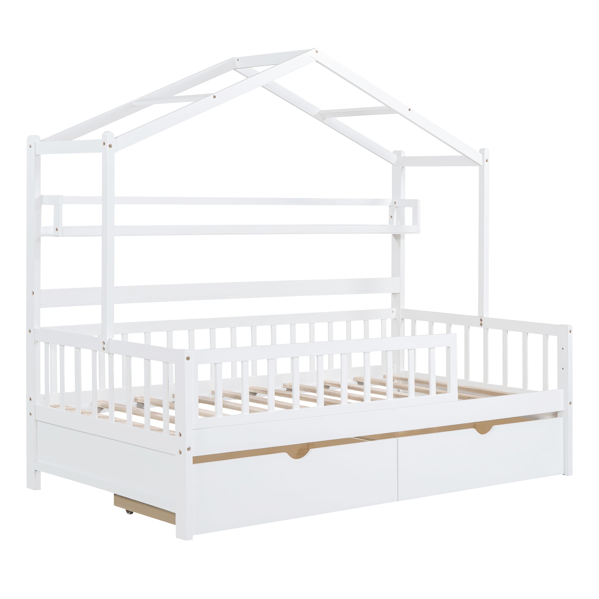 Wooden Full Size House Bed With 2 Drawers,Kids Bed With Storage Shelf, White White Wood