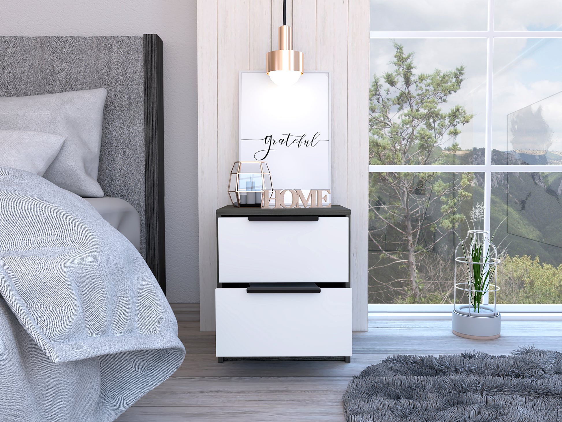 Nightstand Cervants, Two Drawers, Metal Handle, Smokey Oak White Finish Multicolor Particle Board