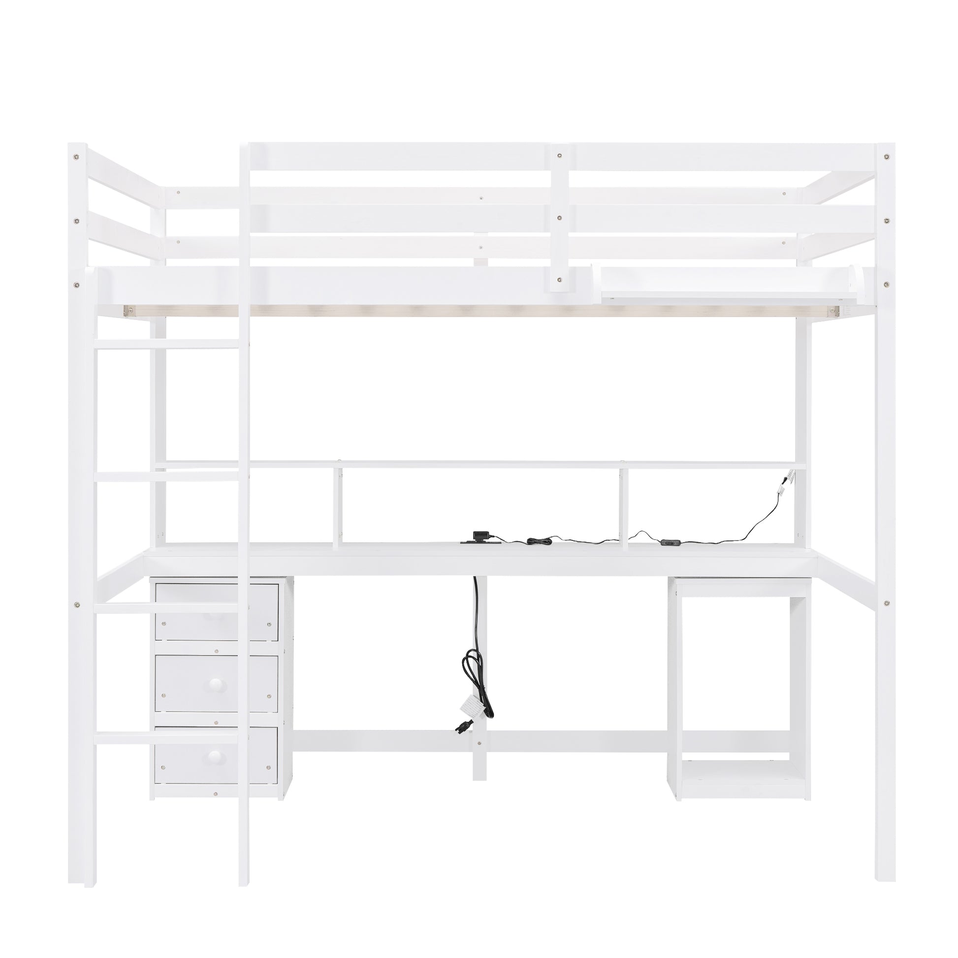 Full Size Loft Bed With Multi Storage Desk, Led Light And Bedside Tray, Charging Station, White Box Spring Not Required Twin White Wood Bedroom Solid Wood Mdf