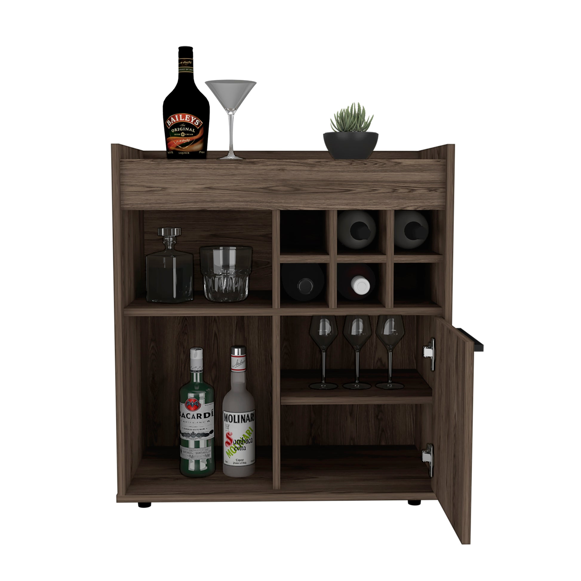 Bar Cabinet Dext, Two Concealed Shelves, Six Wine Cubbies, Dark Walnut Finish Walnut Particle Board