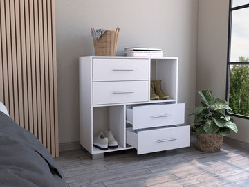 Dresser Hetzs, Four Drawers, Two Open Shelves, White Finish White Particle Board