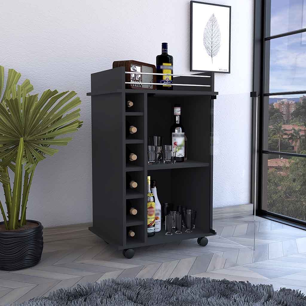 Bar Cart Baltimore, Two Tier Cabinet With Glass Door, Six Wine Cubbies, Black Wengue Finish Black Particle Board