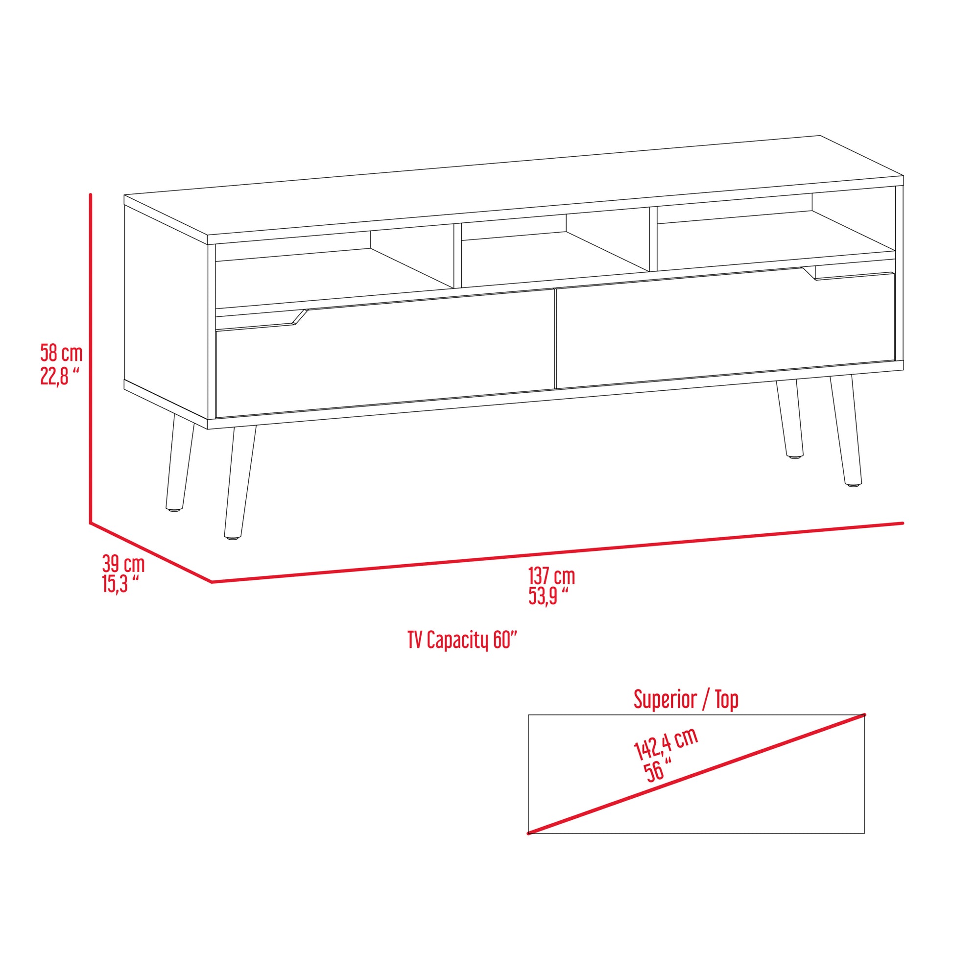 Tv Stand For Tv S Up 52" Bull, Three Open Shelves, Two Flexible Drawers, Dark Walnut Finish Walnut 50 59 Inches Particle Board
