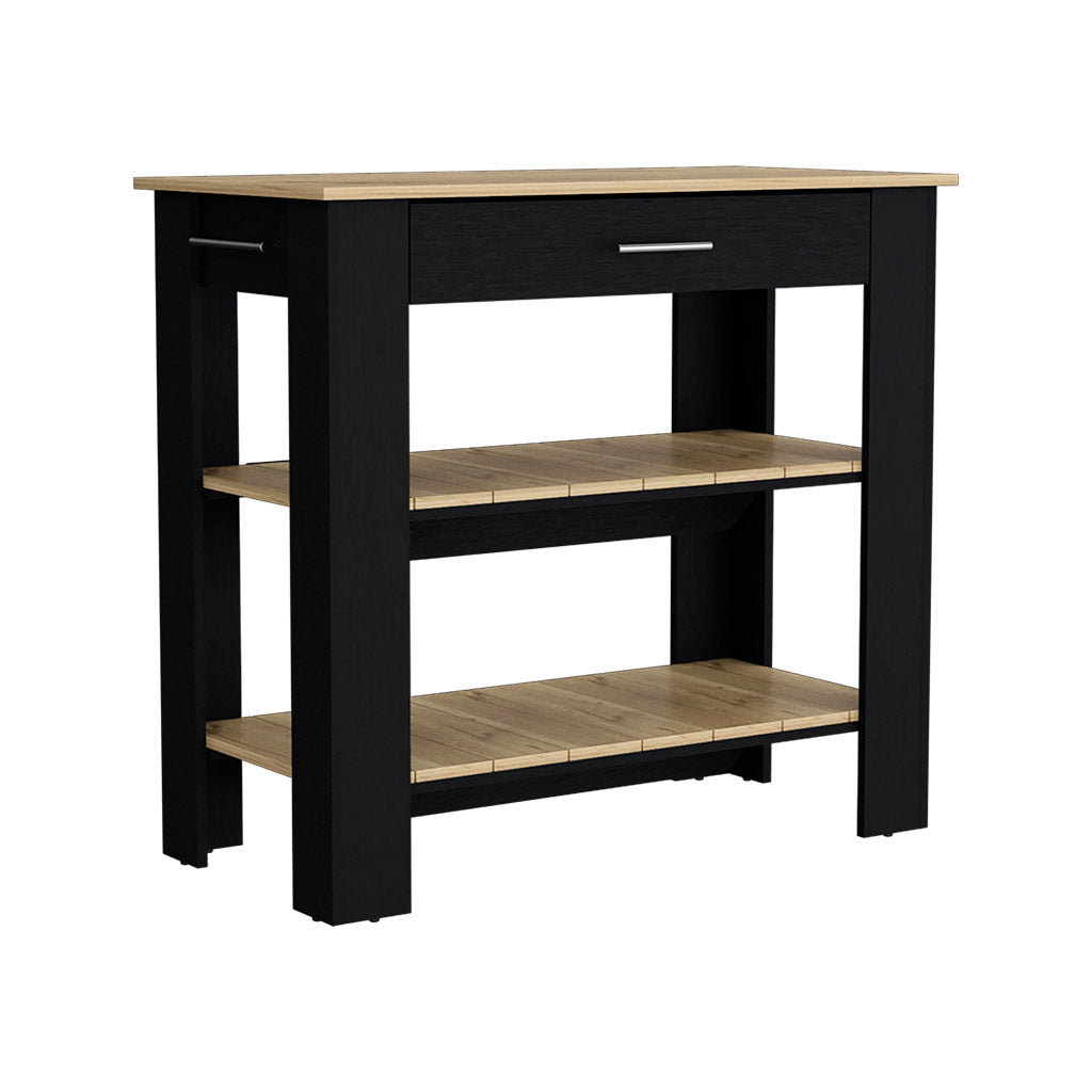 Kitchen Island 40 Inches Dozza, Two Shelves, Black Wengue Light Oak Finish Light Oak Particle Board