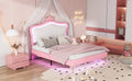 Full Size Upholstered Bed Frame With Led Lights,Modern Upholstered Princess Bed With Crown Headboard,White Pink Full White Pink Pu