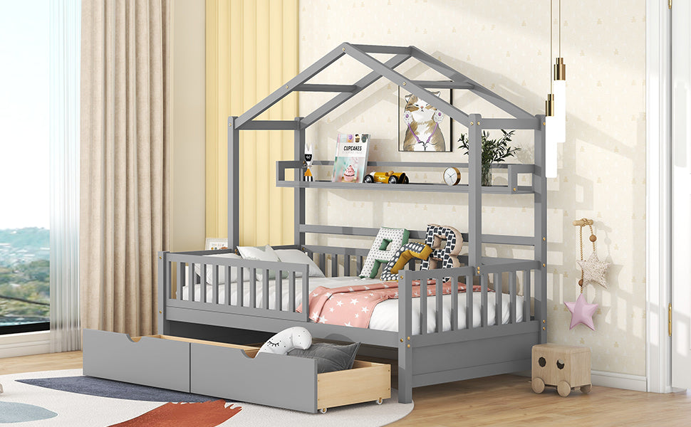 Wooden Twin Size House Bed With 2 Drawers,Kids Bed With Storage Shelf, Gray Gray Wood