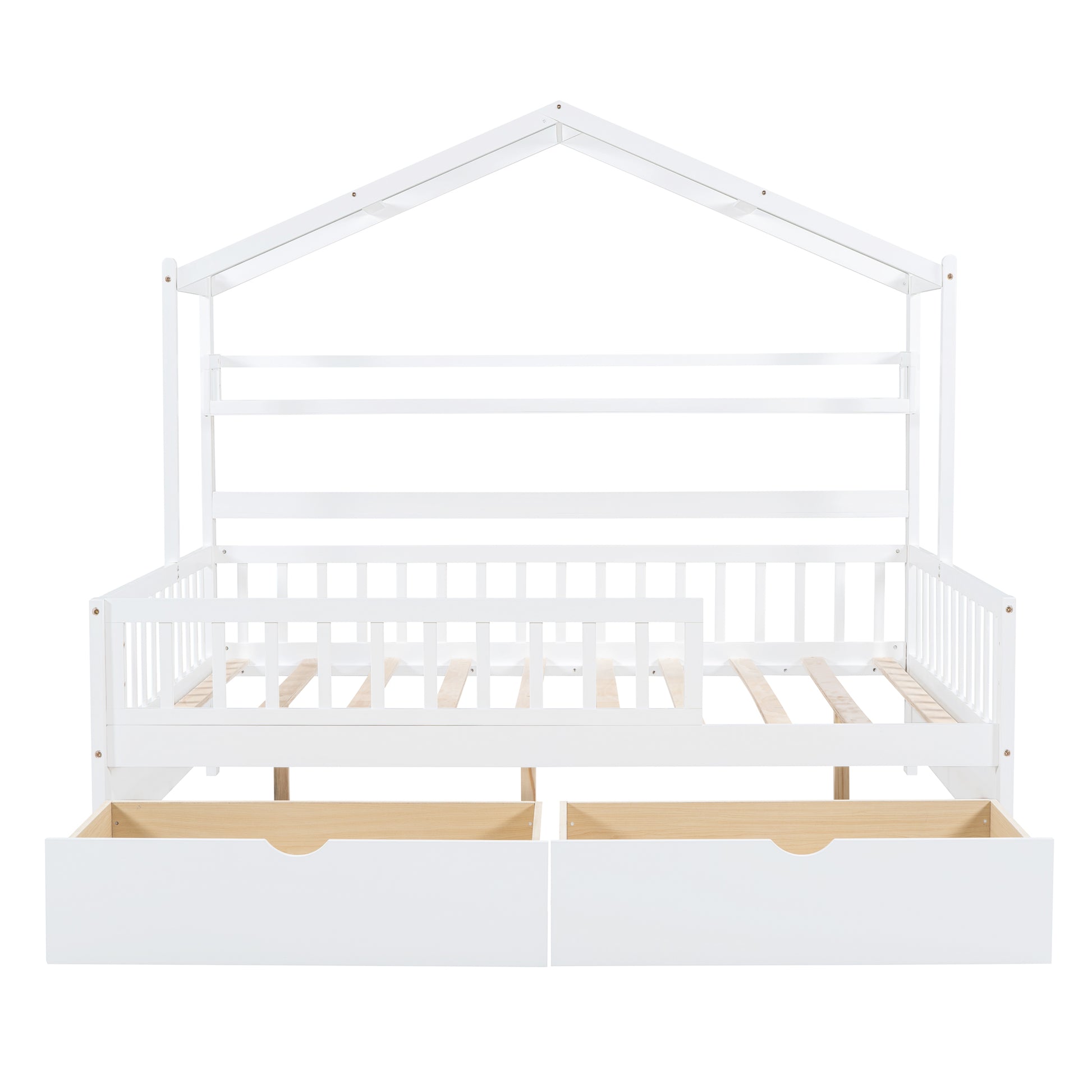 Wooden Full Size House Bed With 2 Drawers,Kids Bed With Storage Shelf, White White Wood