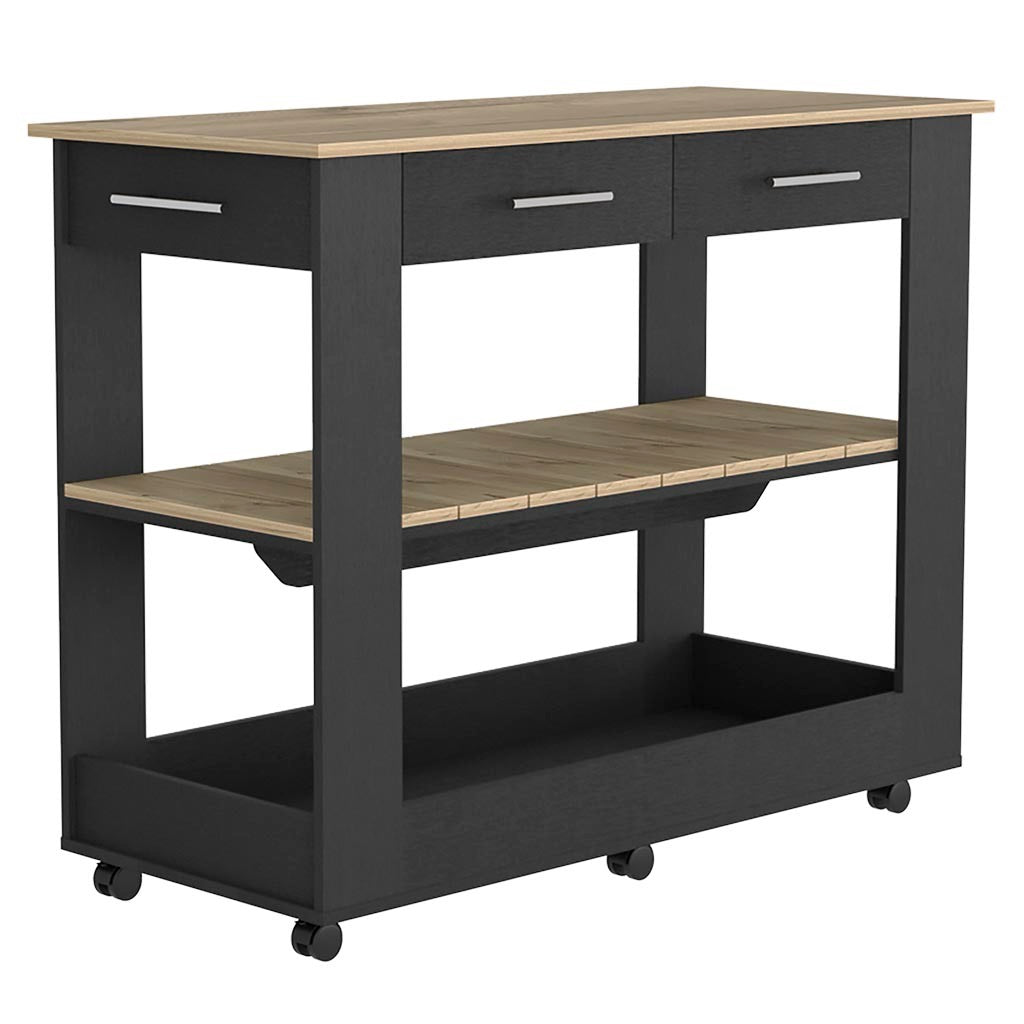 Kitchen Island 46 Inches Dozza, Two Drawers, Black Wengue Light Oak Finish Light Oak Particle Board