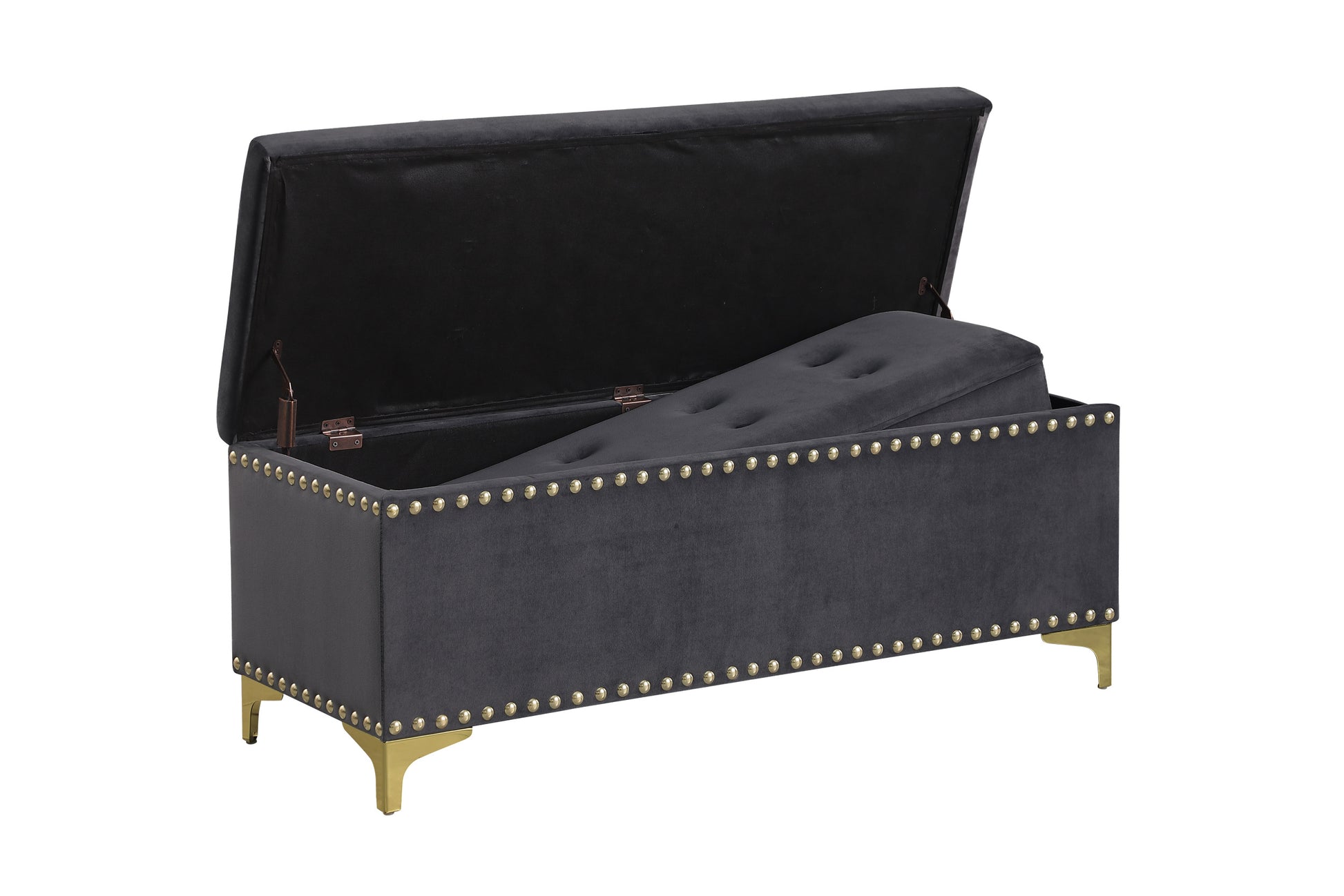 Large Storage Benches Set, Trim 2 In 1 Combination Benches, Tufted Velvet Benches With Gold Leg For Living Room, Entryway, Hallway, Bedroom Support 250Lbs Grey Fabric