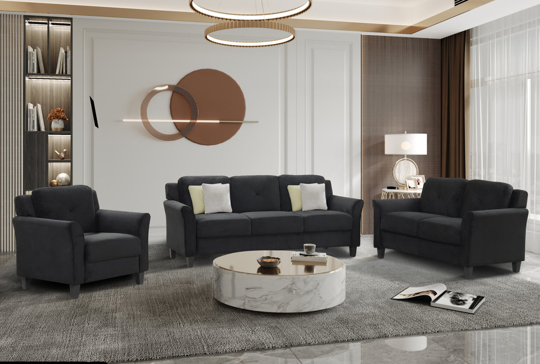 Fashionable Living Room Sofa For 3 People, Black Fabric Antique Black Brown Polyester Wood Primary Living Space Soft American Traditional Rubberwood Memory Foam And Polyurethane Foam Polyester 3 Seat