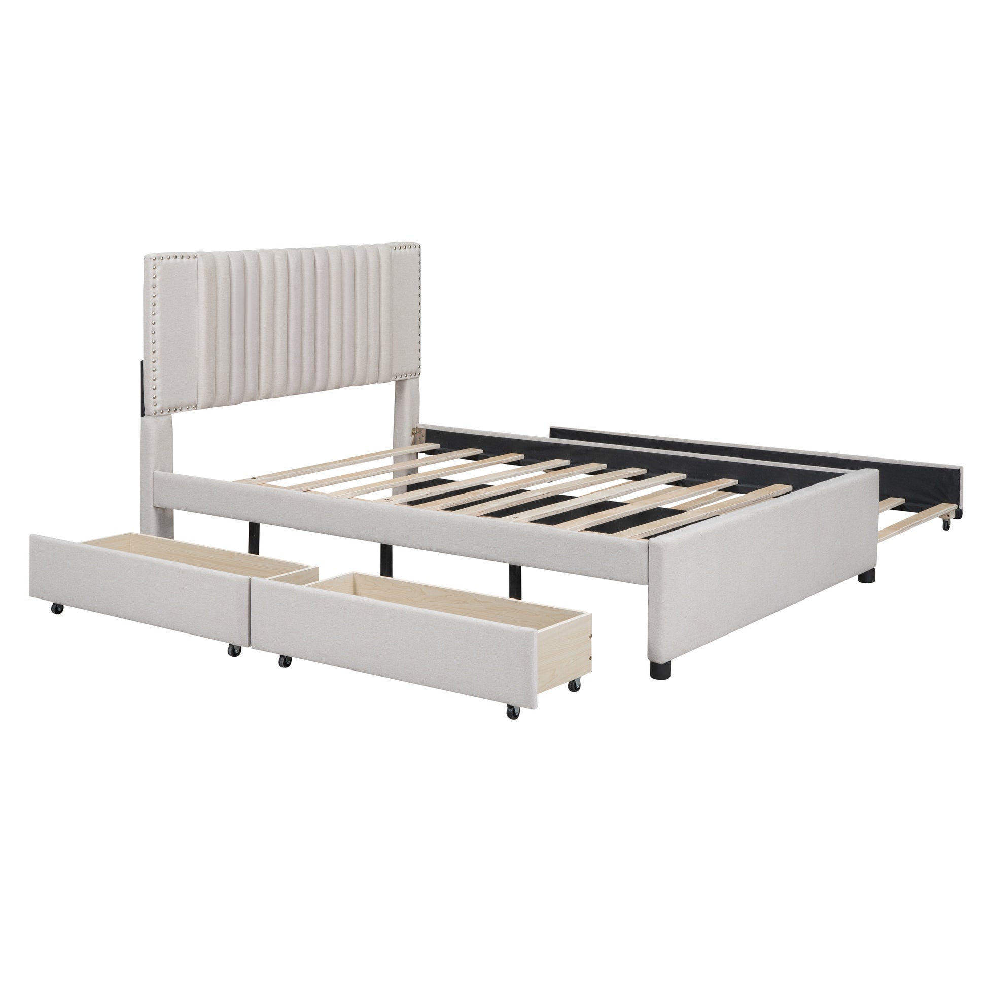 Full Size Upholstered Platform Bed With 2 Drawers And 1 Twin Size Trundle, Classic Headboard Design, Beige Full Beige Linen