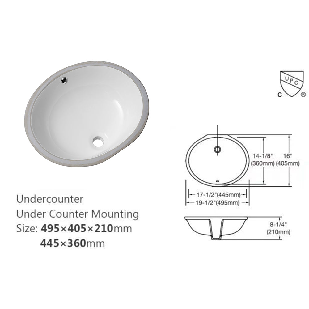 19"X16" White Ceramic Oval Undermount Bathroom Sink With Overflow White Ceramic