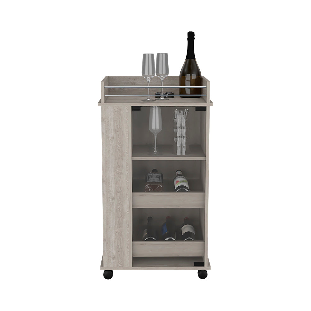 Bar Cart With Two Side Shelves Beaver, Glass Door And Upper Surface, Light Gray Finish Light Gray Particle Board