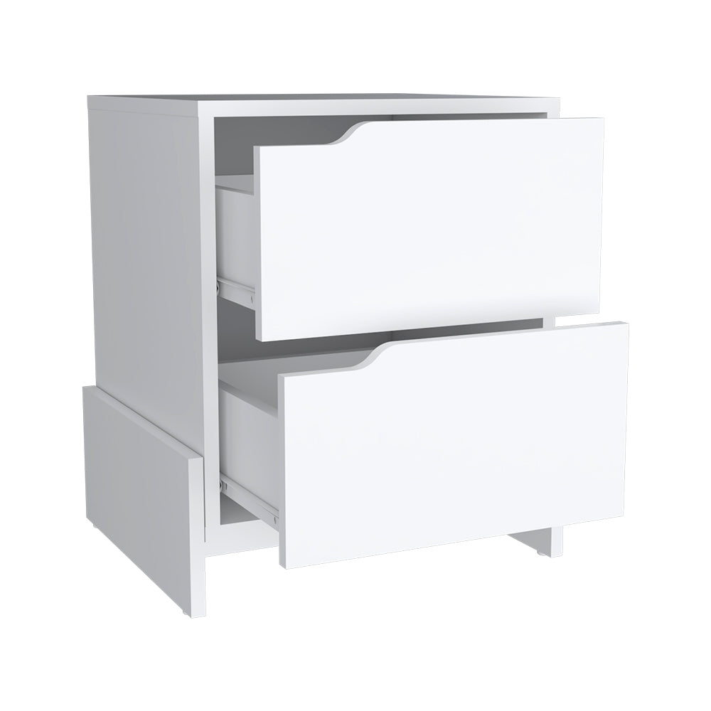 Nightstand Brookland, Bedside Table With Double Drawers And Sturdy Base, White Finish White Particle Board
