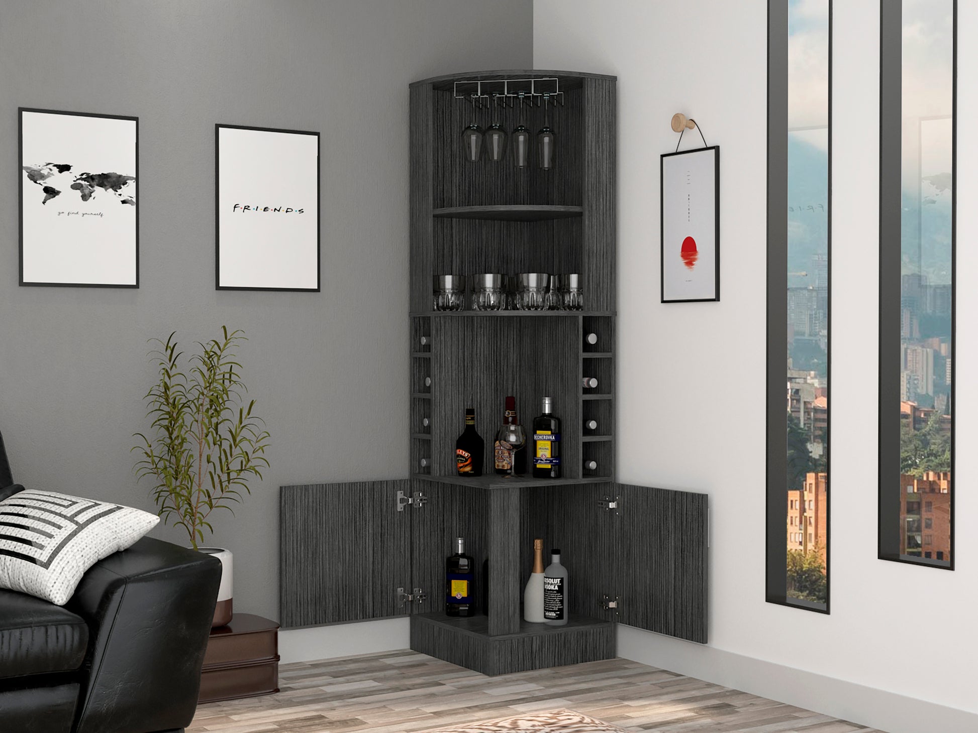 Bar Cabinet Papprika, 8 Wine Cubbies, Double Door, Smokey Oak Finish Gray Particle Board