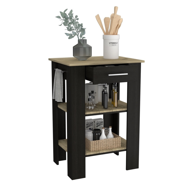 Kitchen Island 23 Inches Dozza With Single Drawer And Two Tier Shelves, Black Wengue Light Oak Finish Light Oak Particle Board