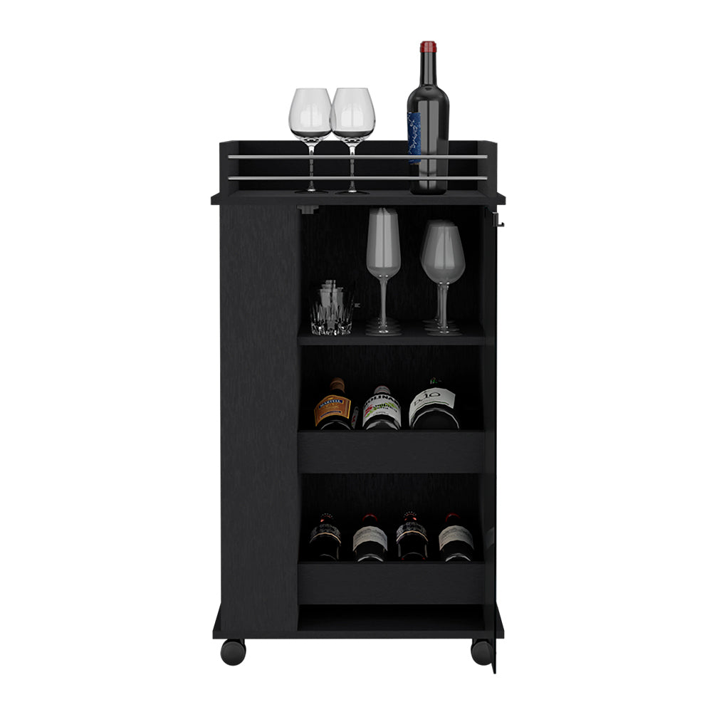 Bar Cart With Two Side Shelves Beaver, Glass Door And Upper Surface, Black Wengue Finish Black Particle Board