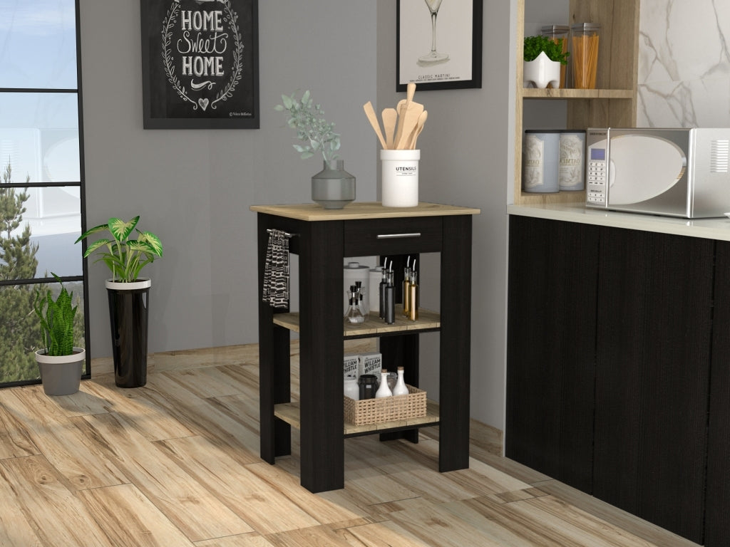 Kitchen Island 23 Inches Dozza With Single Drawer And Two Tier Shelves, Black Wengue Light Oak Finish Light Oak Particle Board