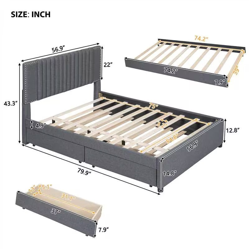 Full Size Upholstered Platform Bed With 2 Drawers And 1 Twin Size Trundle, Classic Headboard Design, Gray Gray Linen
