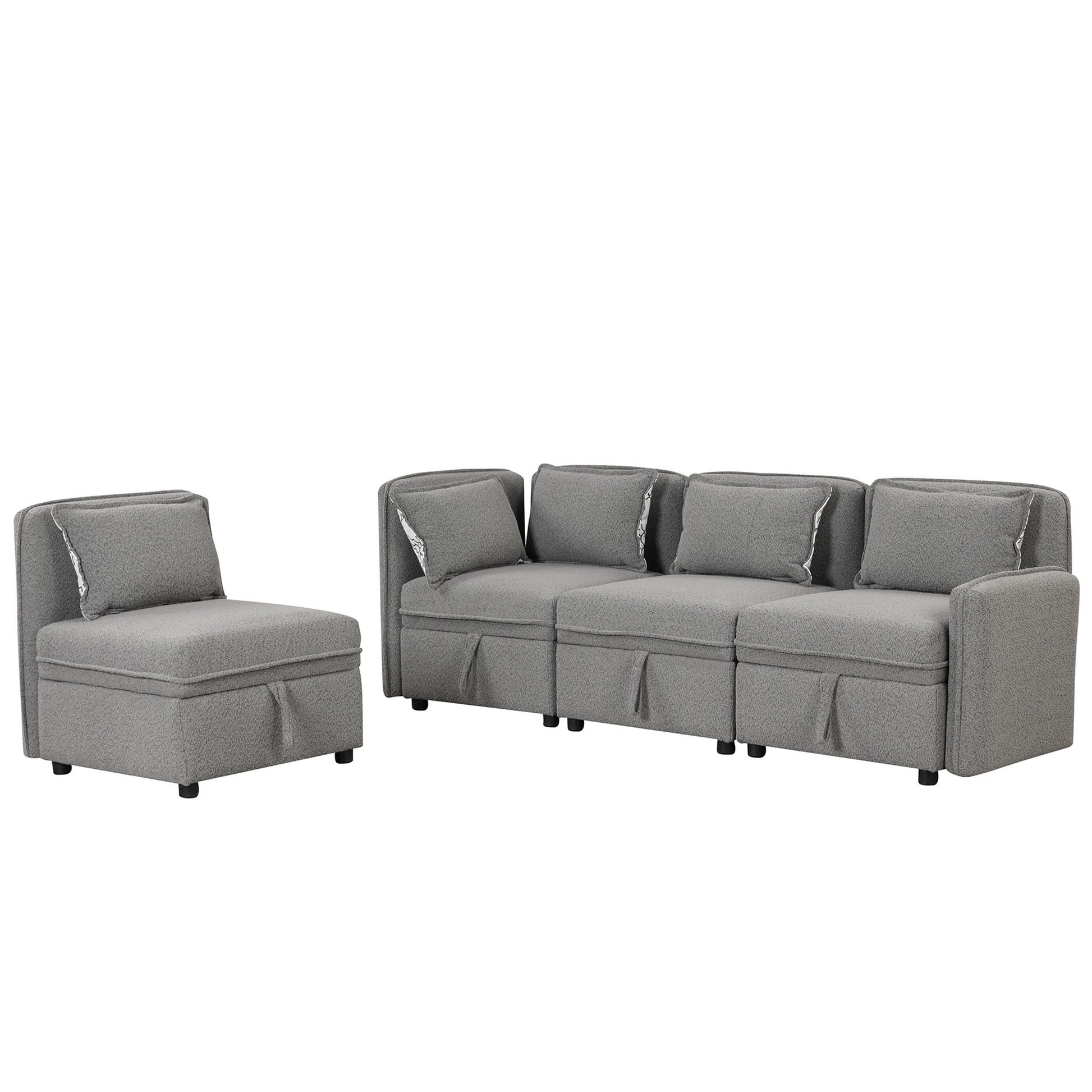 122.8" Convertible Modular Minimalist Sofa Free Combination 4 Seater Sofa Chenille Fabric Sectional Sofa With 5 Pillows For Living Room, Office, Apartment, Small Space, Gray Gray Foam Chenille 4 Seat