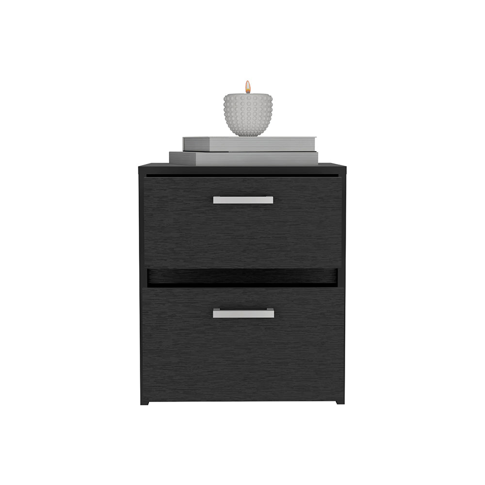 Nightstand Chequered, Two Drawers, Black Wengue Finish Black Particle Board